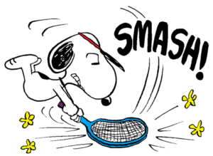 Snoopy displaying great agility and skill while playing tennis with a tennis racket.