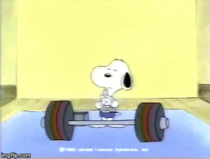 Snoopy lifting a barbell with his shoulder muscles.