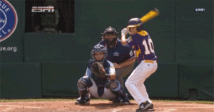 A baseball player swinging a bat with a bent elbow.
