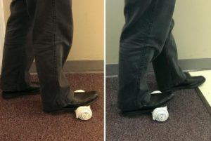 Two pictures of a person standing with a shoe on his foot, showing signs of discomfort or cramps.