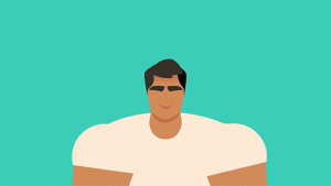 A man wearing a white t-shirt is standing in front of a turquoise background.