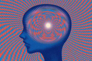 A woman's head with a blue and red psychedelic pattern causing vertigo.