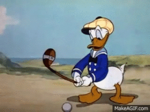 Donald duck is playing golf with a golf ball.