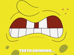 A yellow SpongeBob SquarePants face with TMJ teeth grinding.