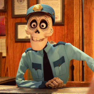 A skeleton dressed as a TMJ police officer.