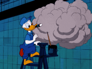 Donald Duck on a ladder with smoke coming out of his mouth during Raynaud.
