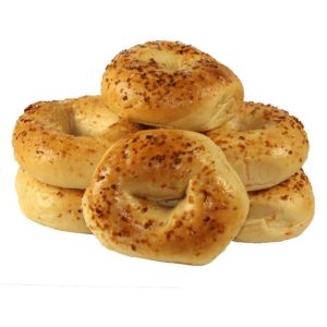 A pile of bagels on a white background, with the presence of bunions.