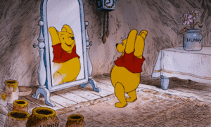 Winny the Poo Stretching in Front of a Mirror
