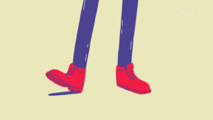 A cartoon illustration of a person wearing red shoes.