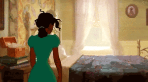 A Girl in a Green Dress Falling on Bed