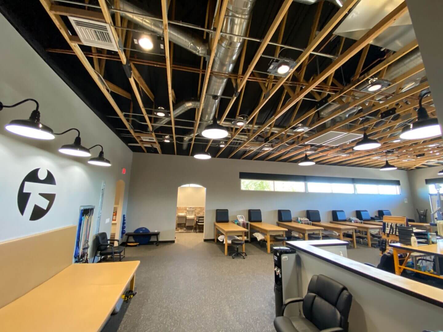 The interior of a computer lab with a wooden ceiling was moved ...