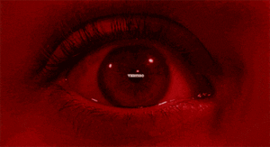 A close up of a red eye experiencing vertigo.